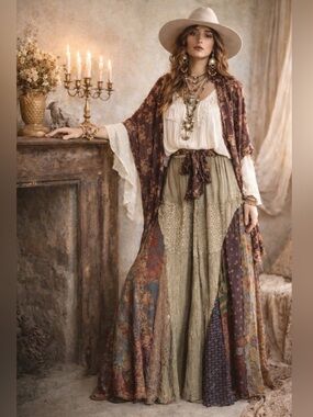 NWT: Young Threads Embroidered Mixed Patchwork Wide Leg Pants• Large